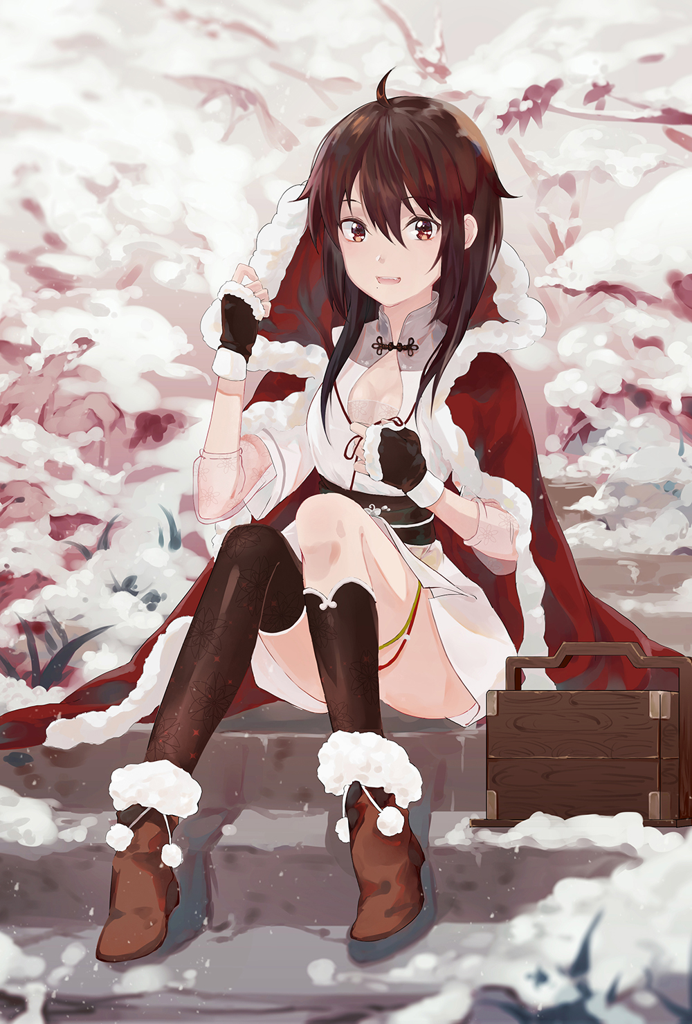 1girl, bad_id, bad_pixiv_id, black_hair, black_socks, boots, breasts, brown_boots