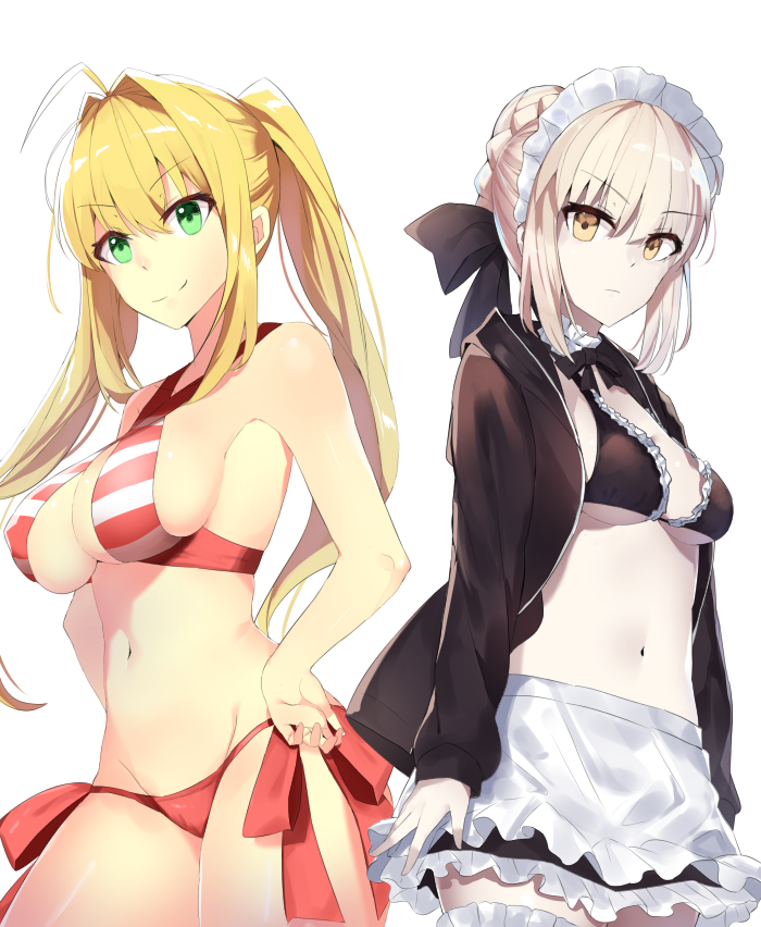 10s, 2girls, 714_(leg200kr), ahoge, apron, armpits, artoria_pendragon_(fate), back-to-back