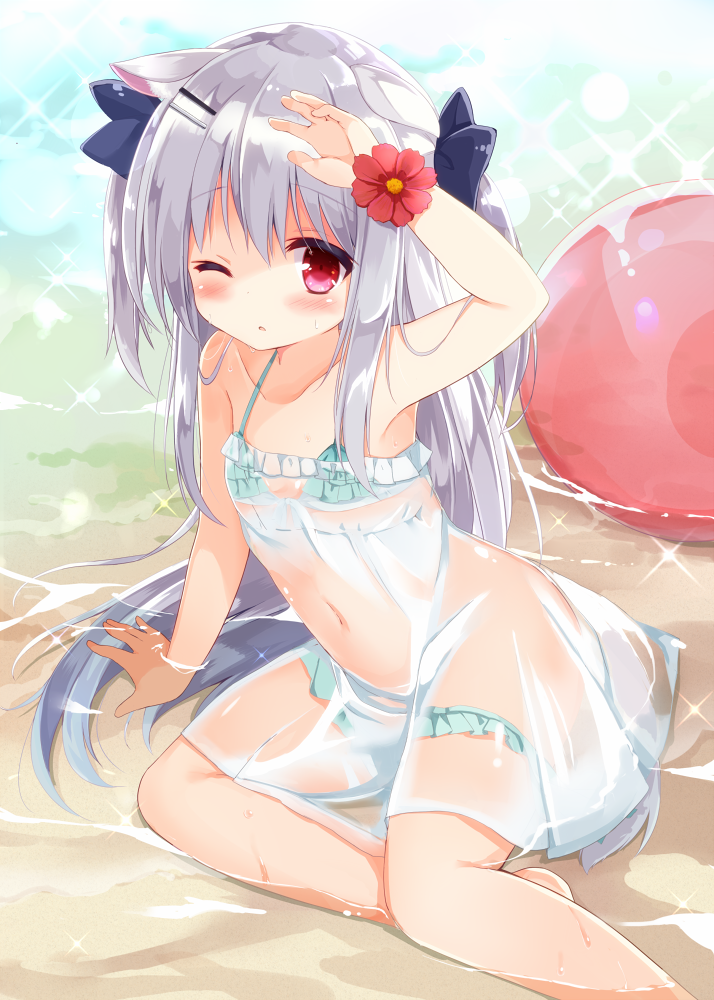 1girl, animal_ears, aqua_bikini, arm_over_head, arm_support, ball, bare_legs, bare_shoulders