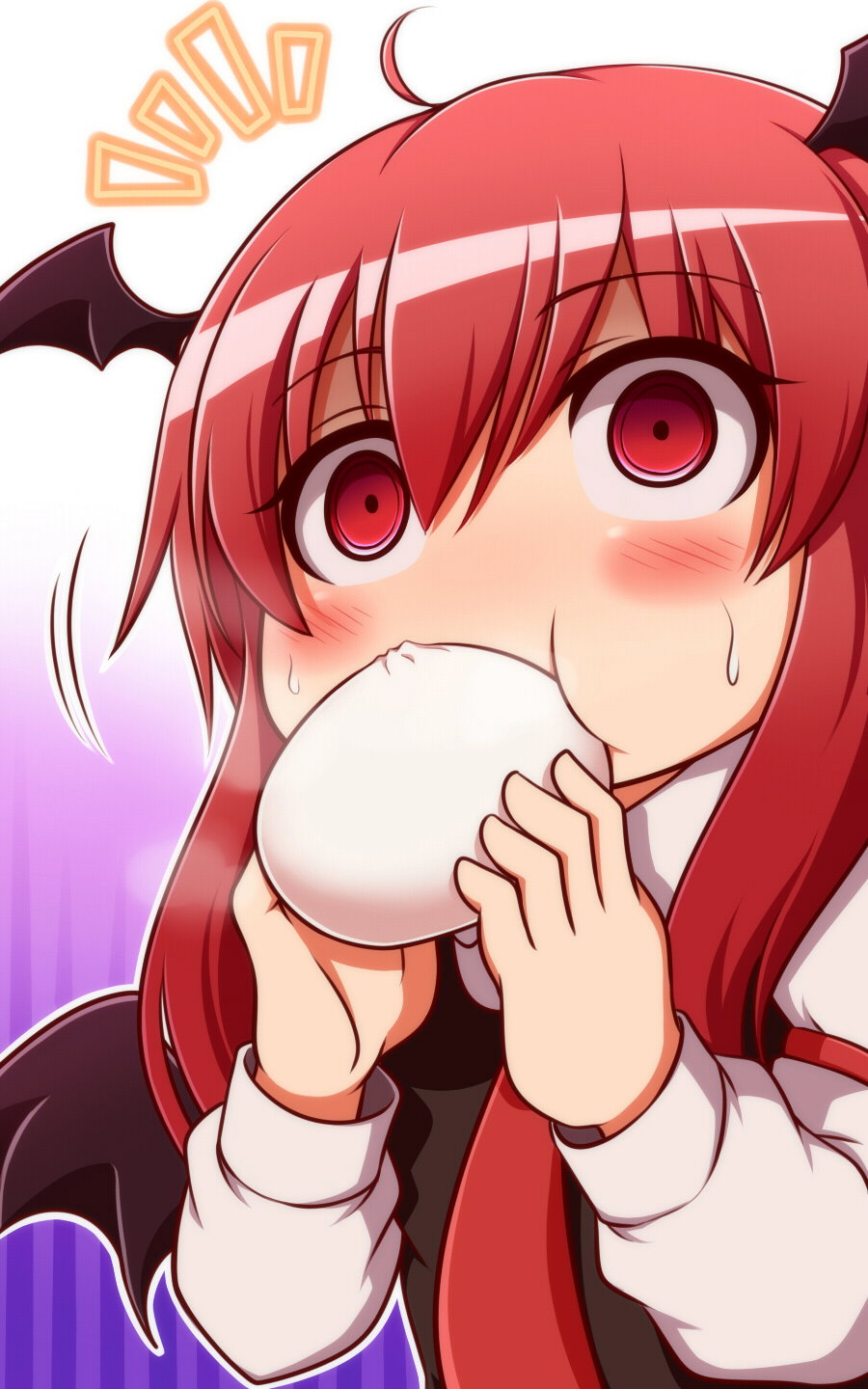 1girl, ahoge, bat_wings, blush, chibi, commentary_request, dumpling, eating