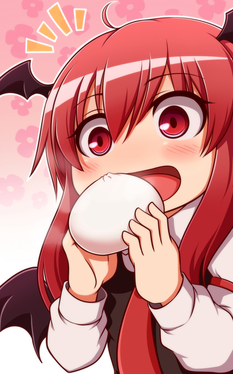 1girl, :d, ahoge, bat_wings, blush, chibi, commentary_request, dumpling