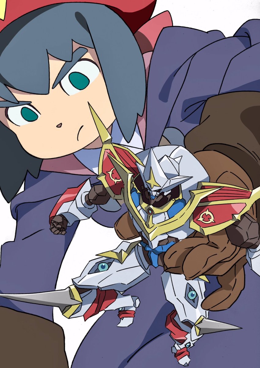 10s, 1girl, arai_hiroki, blue_hair, close-up, constanze_amalie_von_braunschbank-albrechtsberger, female_focus, figure, gloves, grand_charion, green_eyes, hat, highres, little_witch_academia, mecha, robot, solid_circle_eyes, solo, thick_eyebrows, toy, white_background