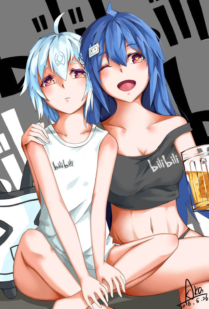 2girls, absurdres, aka_(hwdllht), alcohol, arm_around_shoulder, bare_shoulders, bili_girl_22, bili_girl_33