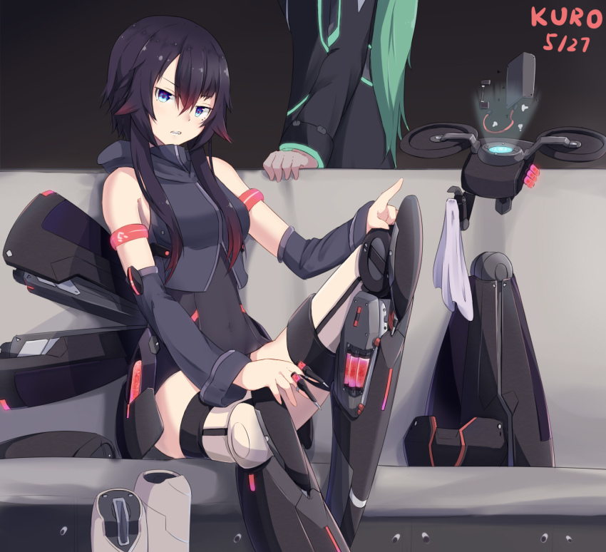 2girls, aksis_(destiny), alien, armband, armlet, armor, black_air, black_background, boots, cable, colored_tips, cyborg, dated, destiny_(game), detached_sleeves, green_hair, hair_between_eyes, hair_flaps, highres, jewelry, kuroda_kuwa, leg_up, looking_at_viewer, mecha_musume, mechabare, mole, mole_under_eye, multicolored_hair, multiple_girls, neon_trim, personification, red_hair, short_hair_with_long_locks, simple_background, sitting, siva_(destiny), standing, thighhighs