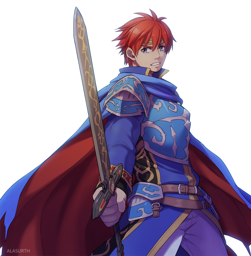 1boy, armor, bad_id, bad_pixiv_id, blue_eyes, cape, eliwood_(fire_emblem), fire_emblem, fire_emblem:_the_blazing_blade, male_focus, meganemido, nintendo, red_hair, short_hair, solo, sword, weapon, white_background