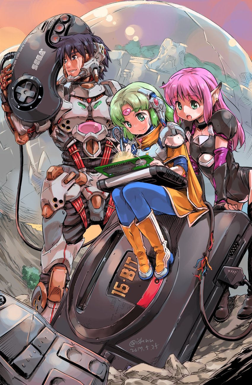 1boy, 2girls, absurdres, android, armor, black_hair, boots, bracer