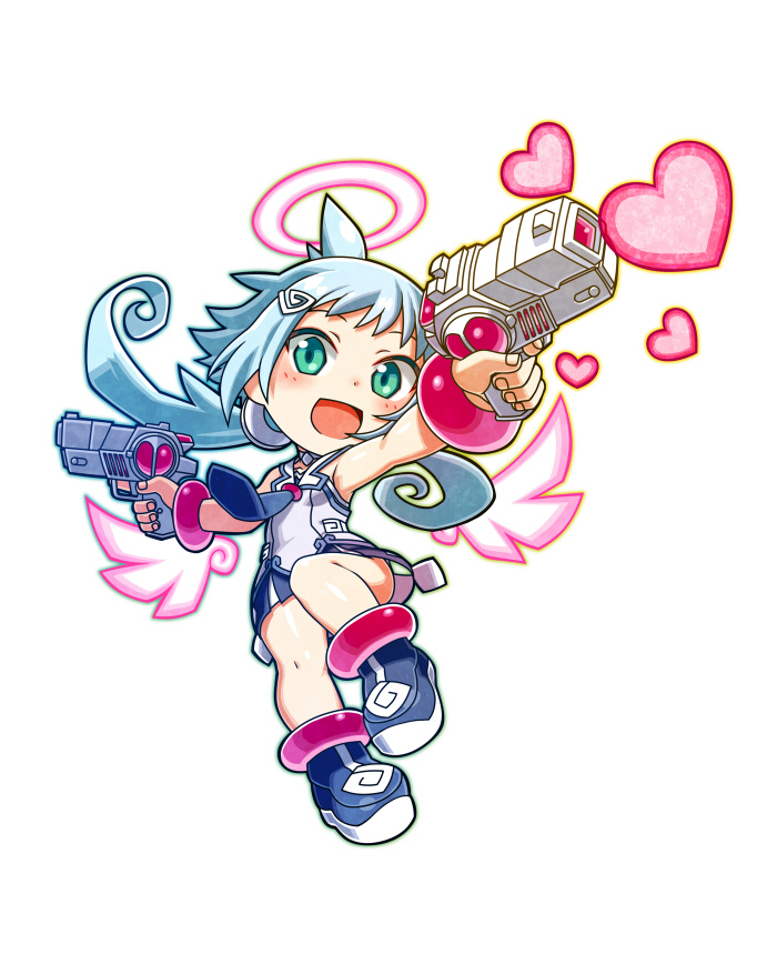 1girl, angel, azure_striker_gunvolt, blue_eyes, blue_hair, boots, bracelet, chibi