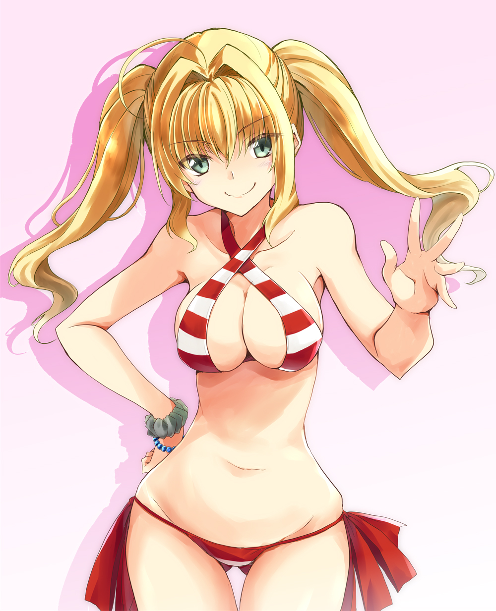 1girl, ahoge, bad_proportions, bead_bracelet, beads, bikini, blonde_hair, bracelet