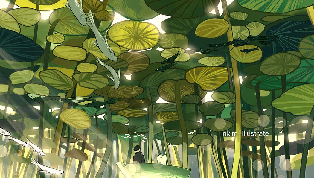 1boy, artist_name, black_hat, boat, dappled_sunlight, fish, flying_fish, fox