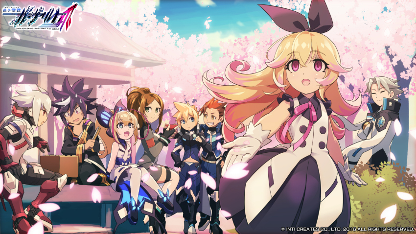 3girls, 5boys, acura_(gunvolt), azure_striker_gunvolt, azure_striker_gunvolt_2, blonde_hair, board_game, braid