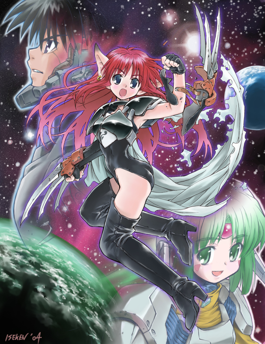 1boy, 2girls, android, armor, black_hair, blue_eyes, boots, bracer, broken, broken_weapon, cape, claw_(weapon), dated, dual_wielding, earrings, facial_mark, fal_(phantasy_star), fingerless_gloves, floating, forehead_jewel, forren, furena, gloves, green_eyes, green_hair, high_heels, highres, holding, isedaichi_ken, jewelry, leotard, long_hair, looking_at_viewer, multiple_girls, phantasy_star, phantasy_star_iv, pink_hair, pointy_ears, purple_eyes, sega, shoulder_armor, signature, space, thigh_boots, thighhighs, torn_cape, torn_clothes, weapon