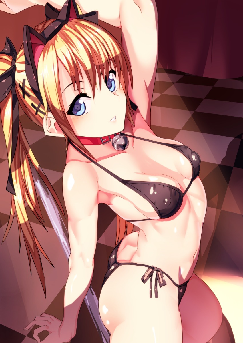 1girl, animal_ears, arched_back, bikini, black_bikini, blonde_hair, blue_eyes, breasts, cat_ears, checkered_floor, dead_or_alive, dead_or_alive_5, female_focus, highres, long_hair, looking_at_viewer, marie_rose, nishisan_(mikurosu), pole_dancing, sitting, small_breasts, solo, swimsuit, twintails