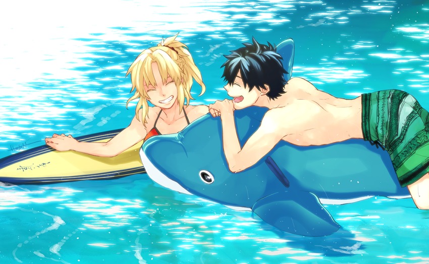 1boy, 1girl, bad_id, bad_twitter_id, black_hair, blonde_hair, fate/apocrypha, fate/grand_order, fate_(series), fujimaru_ritsuka_(male), fujimaru_ritsuka_(male)_(brilliant_summer), green_male_swimwear, green_swim_trunks, grin, halterneck, inflatable_dolphin, inflatable_toy, lying, male_swimwear, mordred_(fate), mordred_(fate/apocrypha), mordred_(swimsuit_rider)_(first_ascension)_(fate), ocean, official_alternate_costume, on_stomach, open_mouth, partially_submerged, ponytail, print_male_swimwear, print_swim_trunks, print_swimsuit, short_hair, smile, surfboard, swim_trunks, swimsuit, t3run
