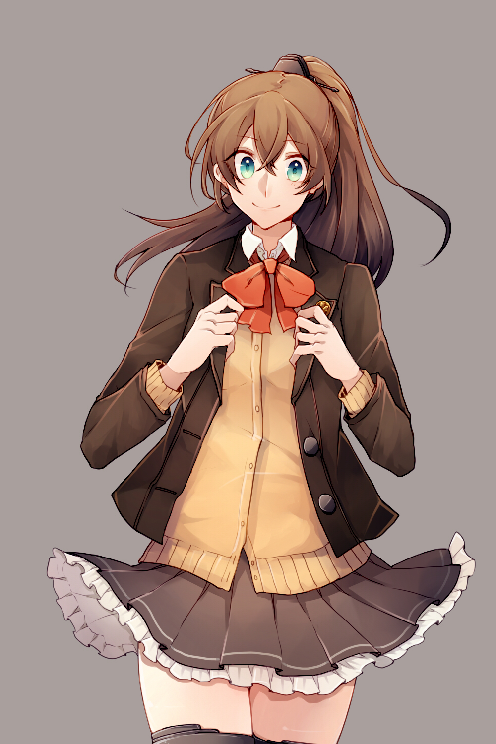 10s, 1girl, blue_eyes, brown_hair, brown_skirt, brown_thighhighs, cardigan, cowboy_shot
