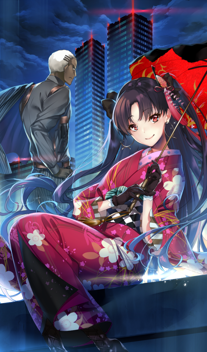 1boy, 1girl, arrow_(tamawo222), black_gloves, black_hair, city, closed_mouth, dark_skin