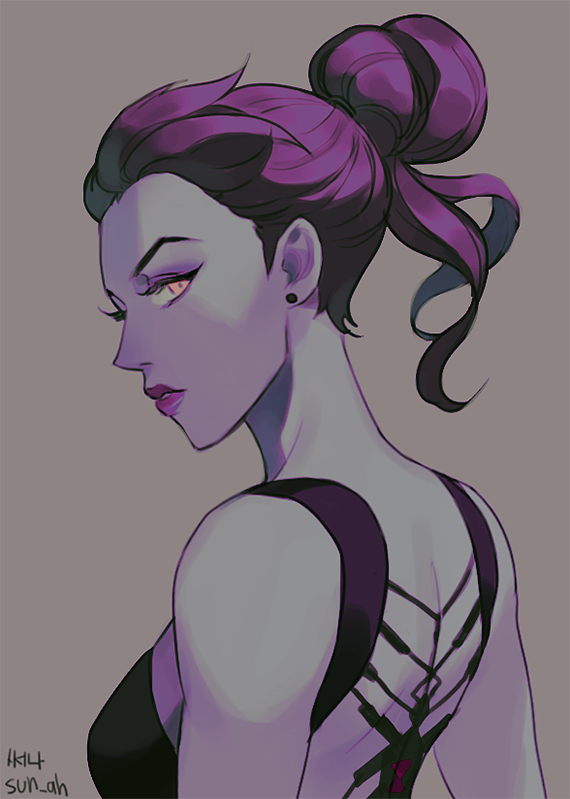 1girl, back_tattoo, bare_shoulders, colored_skin, dress, earrings, female_focus, from_behind, hair_slicked_back, jewelry, lipstick, long_hair, looking_at_viewer, looking_back, makeup, neck, overwatch, overwatch_1, ponytail, purple_hair, purple_lips, purple_skin, solo, sun_ah, tattoo, widowmaker_(overwatch), yellow_eyes