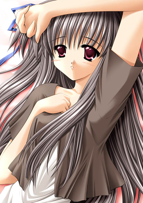 00s, 1girl, air_(visual_novel), black_hair, female_focus, grey_hair, hair_ribbon, hironii_(nirvana_soft)