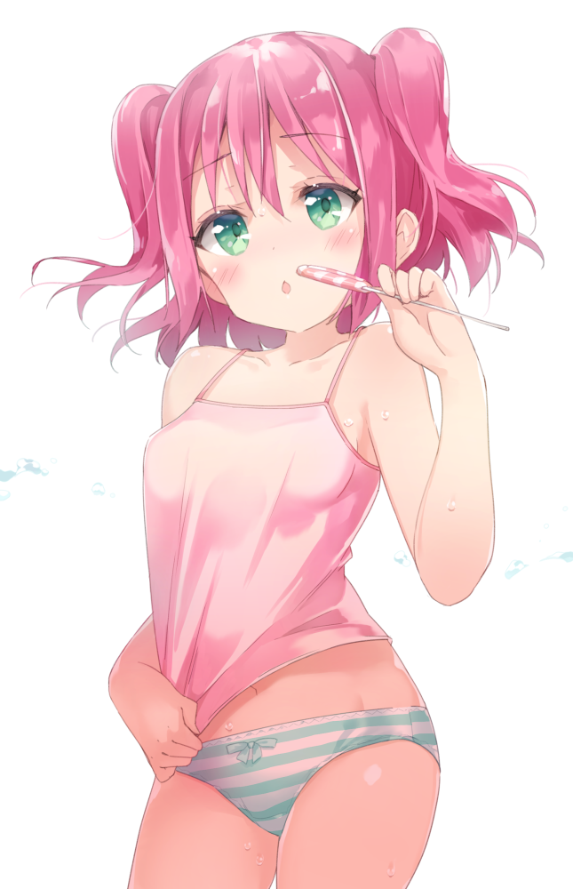 1girl, blush, breasts, camisole, candy, chestnut_mouth, contrapposto, cowboy_shot, crop_top, female_focus, food, green_eyes, kurosawa_ruby, lollipop, love_live!, love_live!_sunshine!!, micopp, navel, no_pants, open_mouth, panties, pink_hair, shirt_tug, simple_background, small_breasts, solo, standing, striped_clothes, striped_panties, sweat, two_side_up, underwear, white_background