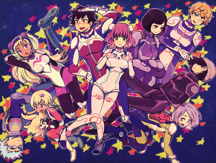 4girls, 5boys, annotated, aries_spring, black_hair, blonde_hair, blue_eyes, blue_hair, bodysuit, bun_cover, charce_lacroix, double_bun, funicia_rafaeli, glasses, gloves, hat, heterochromia, kanata_hoshijima, kanata_no_astra, long_hair, luca_esposito, multiple_boys, multiple_girls, orange_hair, oto_(gapa742), pink_hair, purple_eyes, purple_hair, quitterie_rafaeli, red_eyes, scar, short_hair, smile, sock_puppet, ulgar_zweig, yellow_eyes, yunhua_lu, zack_walker