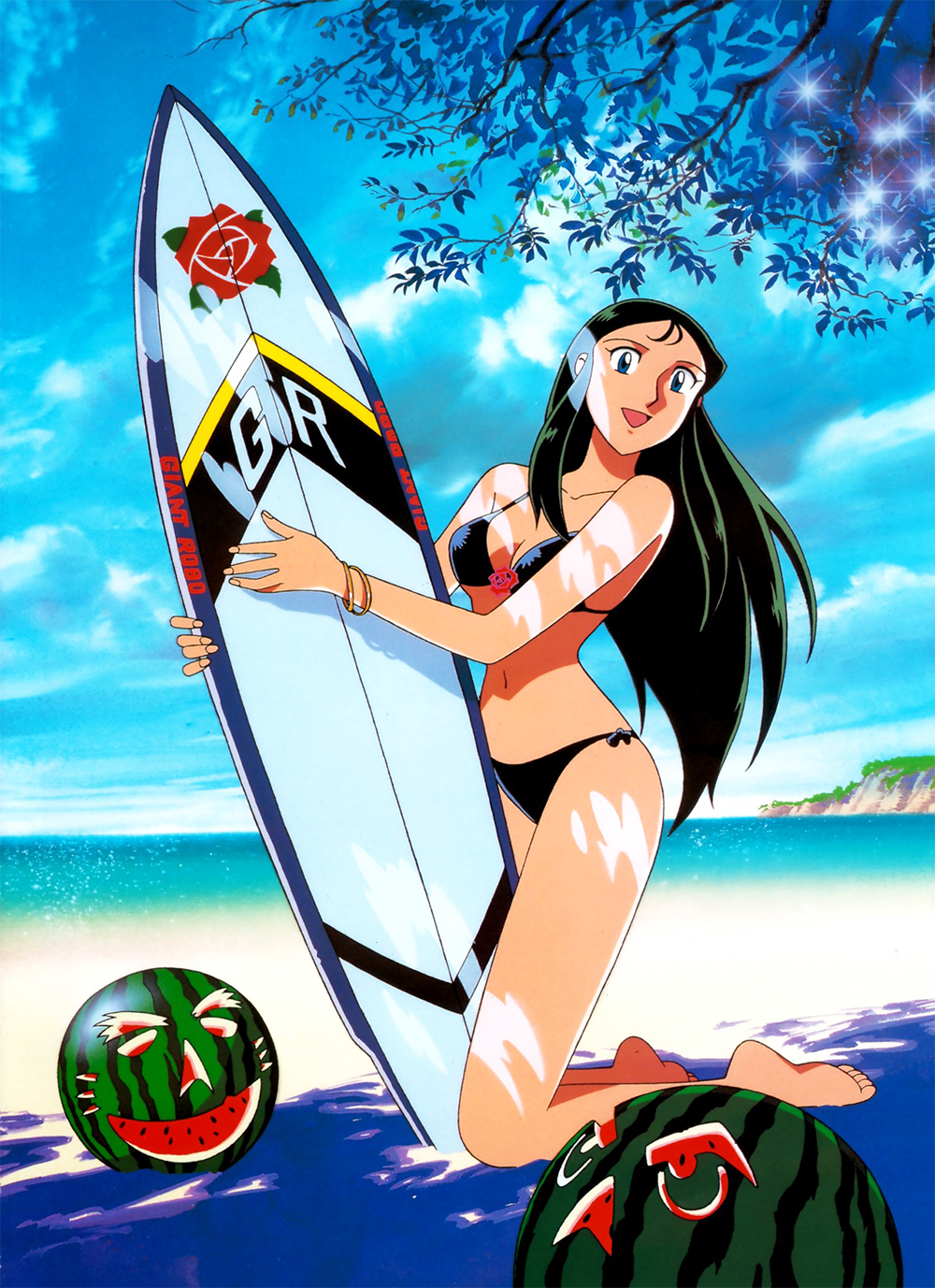 1990s_(style), 1girl, artist_request, barefoot, beach, bikini, black_hair, bracelet