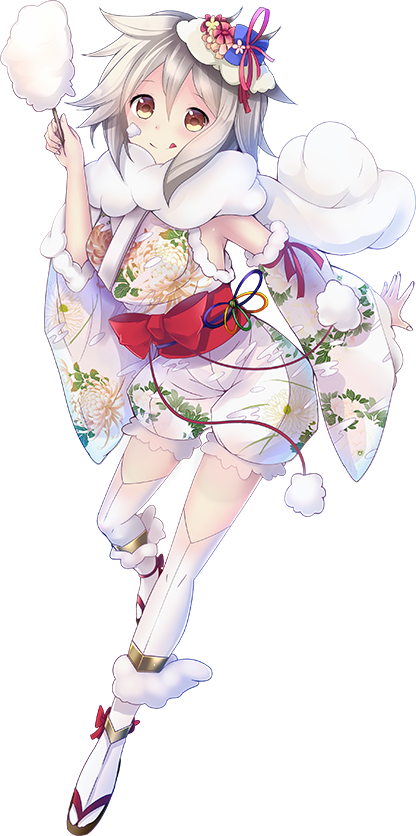 1girl, cotton_candy, detached_sleeves, female_focus, food, full_body, headwear_request, holding, holding_cotton_candy, holding_food, kiun_(oshiro_project), official_art, oshiro_project:re, solo, taicho128, thighhighs, transparent_background, white_hair, white_thighhighs, yellow_eyes