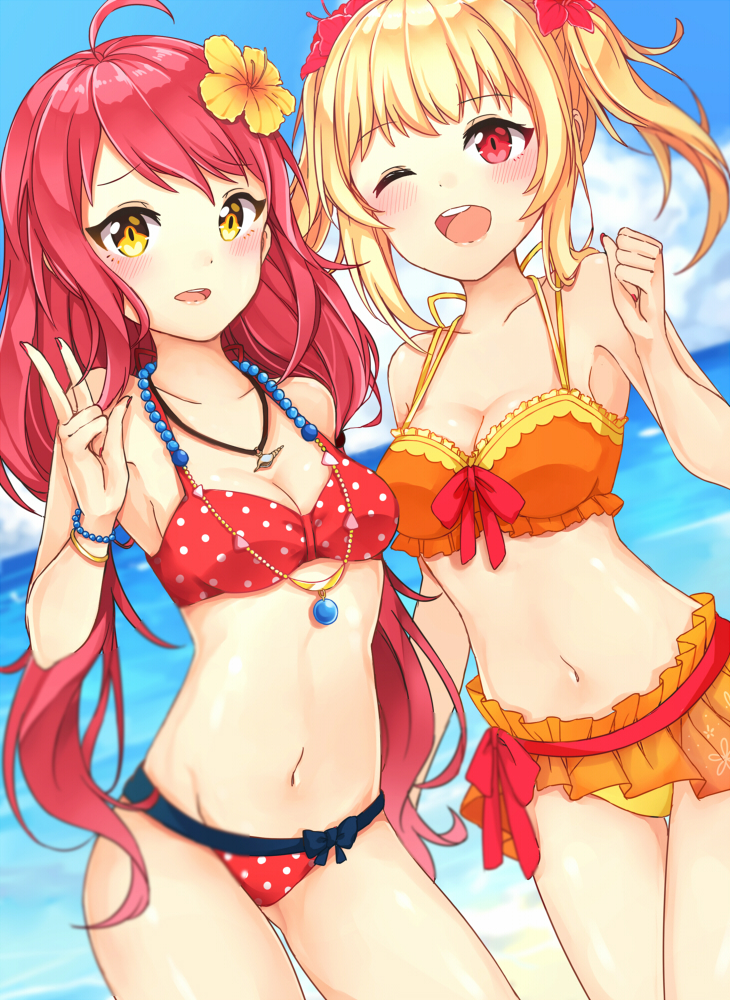 10s, 2girls, ;d, ahoge, alternate_hairstyle, battle_girl_high_school, beach, bead_bracelet