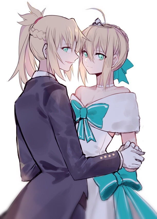 2girls, aqua_ribbon, artoria_pendragon_(fate), backlighting, blonde_hair, closed_mouth, dress, fate/apocrypha