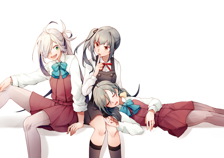 10s, 3girls, asashimo_(kancolle), brown_eyes, closed_eyes, dress, green_eyes, grey_hair, grey_legwear, hair_between_eyes, hair_over_one_eye, highres, index_finger_raised, kantai_collection, kasumi_(kancolle), kiyoshimo_(kancolle), lap_pillow, long_hair, long_sleeves, low_twintails, multiple_girls, nan_(nanyayyay), open_mouth, pantyhose, pinafore_dress, ponytail, purple_legwear, remodel_(kantai_collection), sharp_teeth, shirt, side_ponytail, sleeping, sleeveless_dress, teeth, twintails, white_shirt