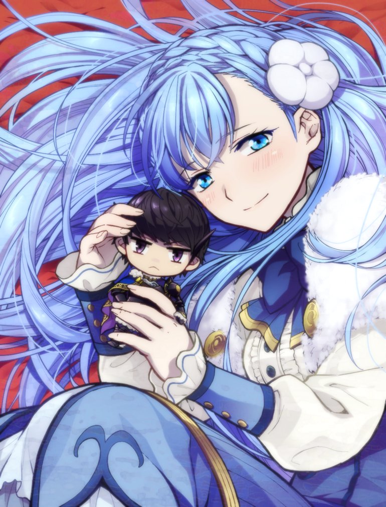 1boy, 1girl, armor, berkut_(fire_emblem), black_hair, blue_hair, braid, chibi