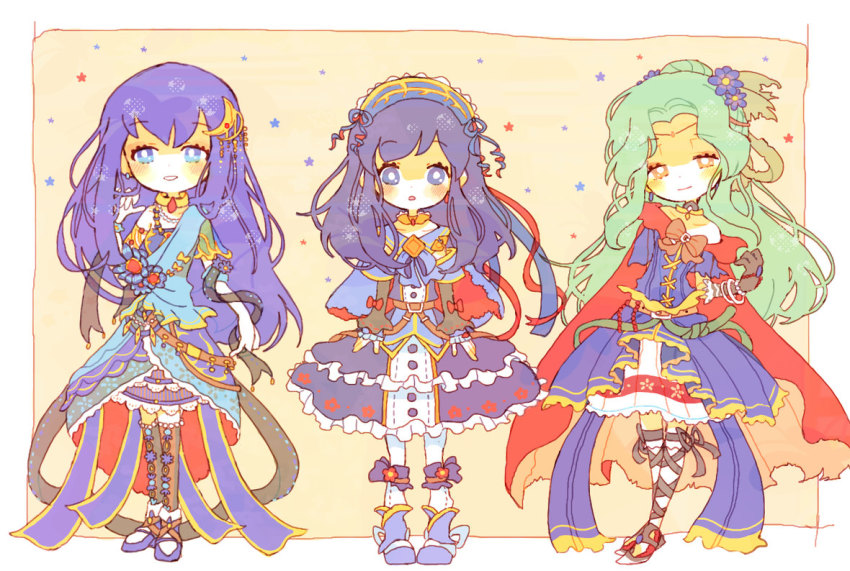 3girls, blue_eyes, blue_hair, blush, boots, caeda_(fire_emblem), cape, dress, elincia_ridell_crimea, fingerless_gloves, fire_emblem, fire_emblem:_mystery_of_the_emblem, fire_emblem:_path_of_radiance, fire_emblem:_the_binding_blade, fire_emblem_heroes, gloves, green_hair, jewelry, kappaman, lilina_(fire_emblem), long_hair, multiple_girls, nintendo, open_mouth, smile, thighhighs