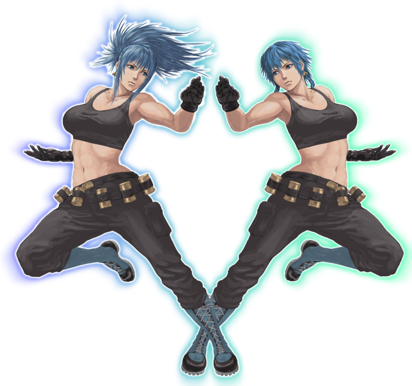 1girl, abs, alternate_hair_length, alternate_hairstyle, belt, blue_eyes, blue_hair, boots