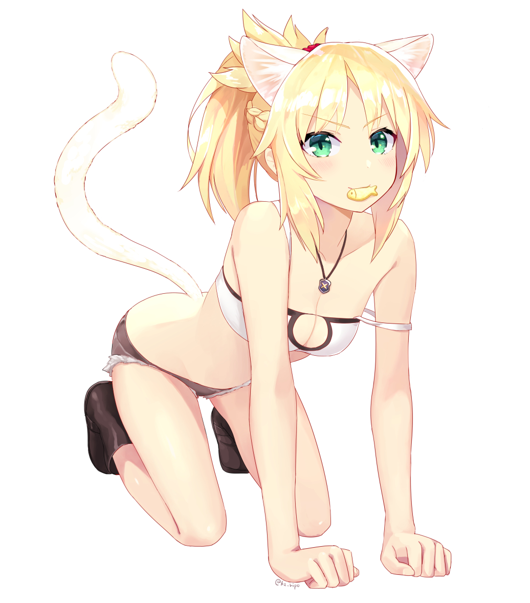 1girl, animal_ears, bandeau, black_boots, boots, braid, breasts, cat_ears