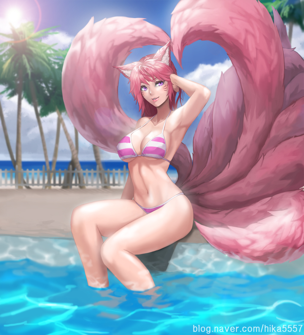 ahri_(league_of_legends), alternate_costume, alternate_hair_color, animal_ears, armpits, bikini, breasts, cleavage, day, facial_mark, fox_ears, fox_girl, fox_tail, hand_in_own_hair, kim_yj, large_breasts, league_of_legends, navel, outdoors, palm_tree, pink_bikini, pink_hair, pool, solo, striped_bikini, striped_clothes, swimsuit, tail, tree, water, whisker_markings