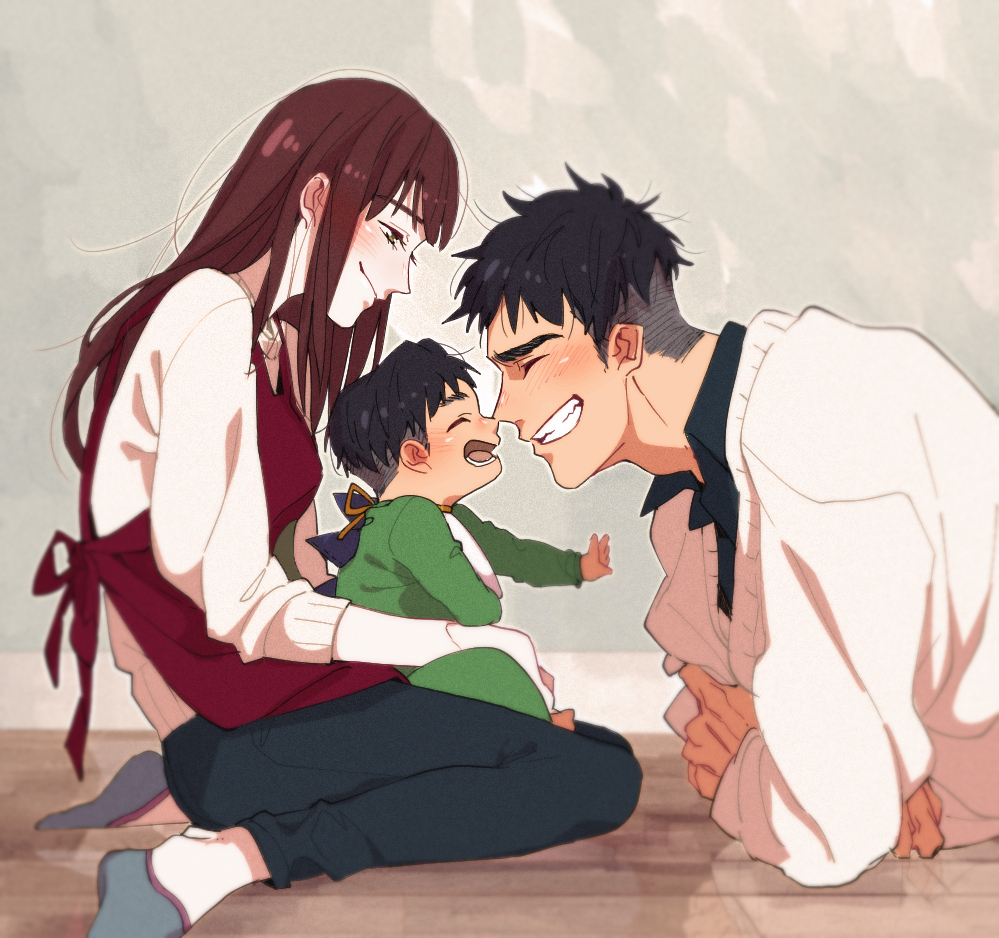 10s, 1girl, 2boys, ^_^, aged_down, alain_leroy, apron, baby