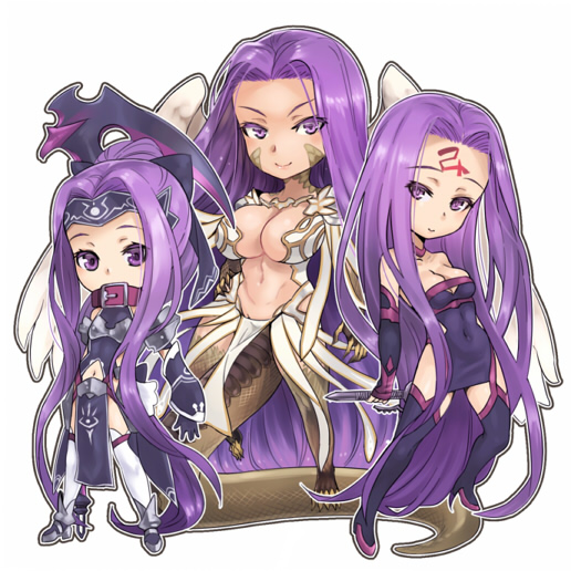 3girls, akinaie, boots, braid, breasts, buckle, claws, cleavage