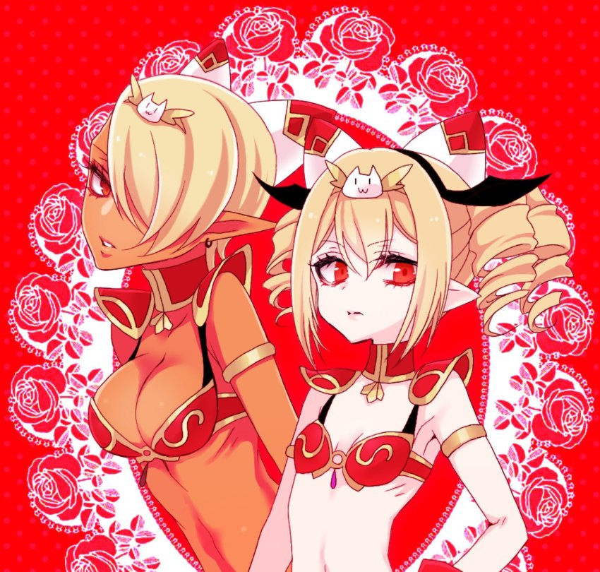 2girls, alternate_hair_length, alternate_hairstyle, armor, bikini_armor, blonde_hair, breasts, camilla_regina