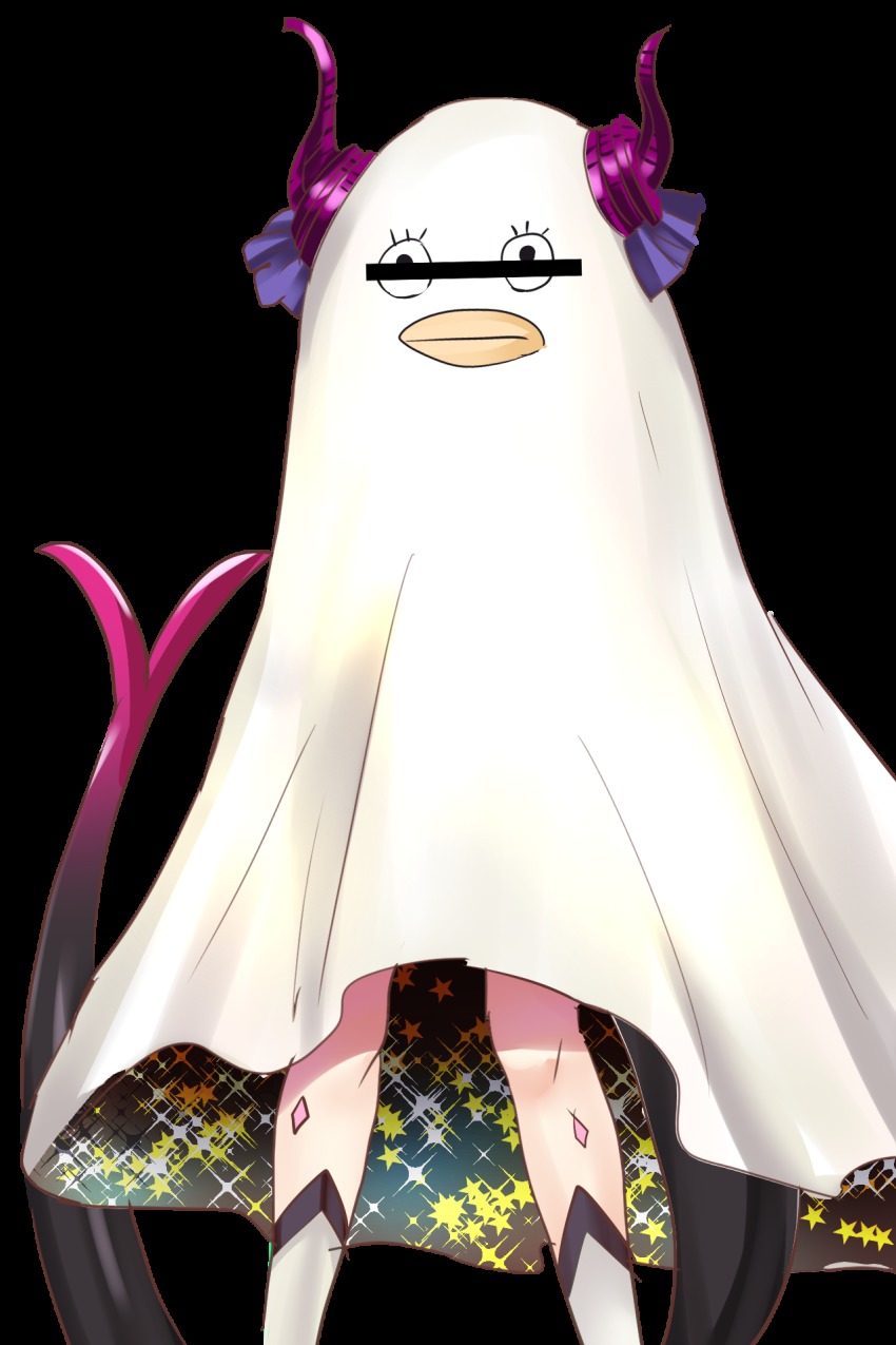 1girl, asymmetrical_horns, bar_censor, bed_sheet, censored, censored_identity, cosplay, dragon_girl