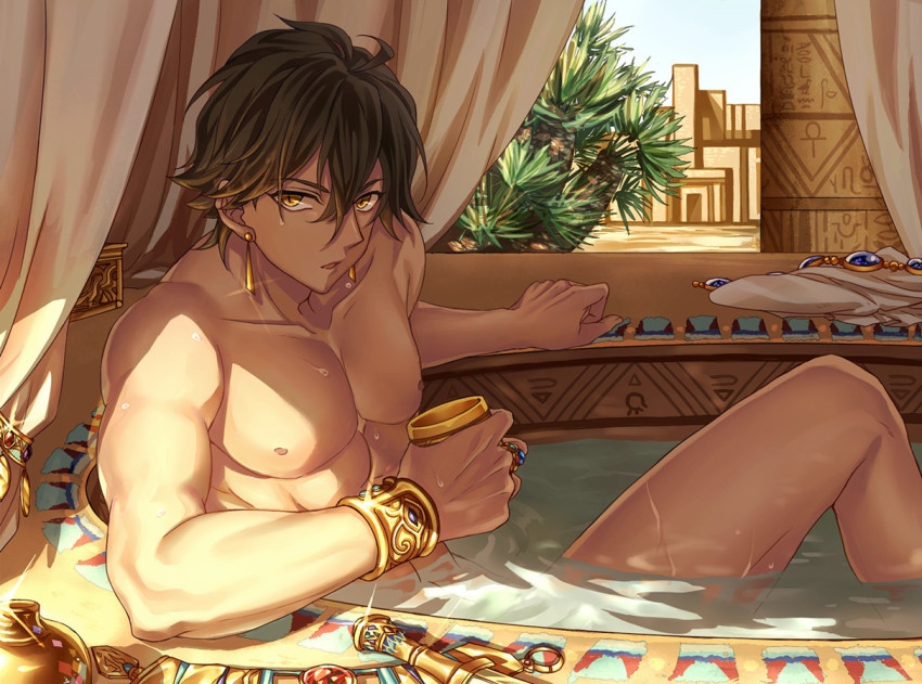 1boy, bathing, bracelet, bracer, brown_hair, cup, dagger, dark-skinned_male