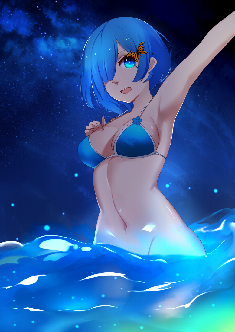 10s, 1girl, arm_up, armpits, bad_id, bad_pixiv_id, bikini, blue_bikini