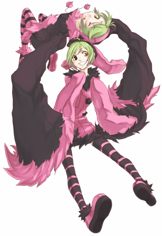 dogs:_bullets_&amp;_carnage, green_hair, hat, heterochromia, long_sleeves, luki, noki, pantyhose, ryu-, ryu_(gojitann), short_hair, striped_clothes, striped_legwear, striped_pantyhose, thighhighs