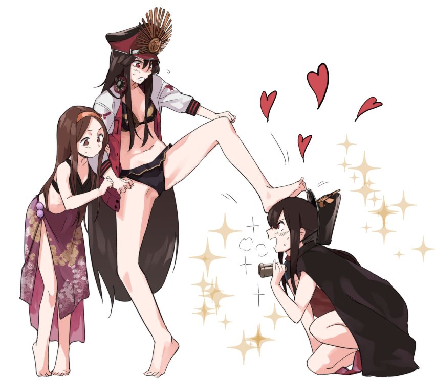 1boy, 2girls, barefoot, bikini, binoculars, brown_eyes, brown_hair, cape