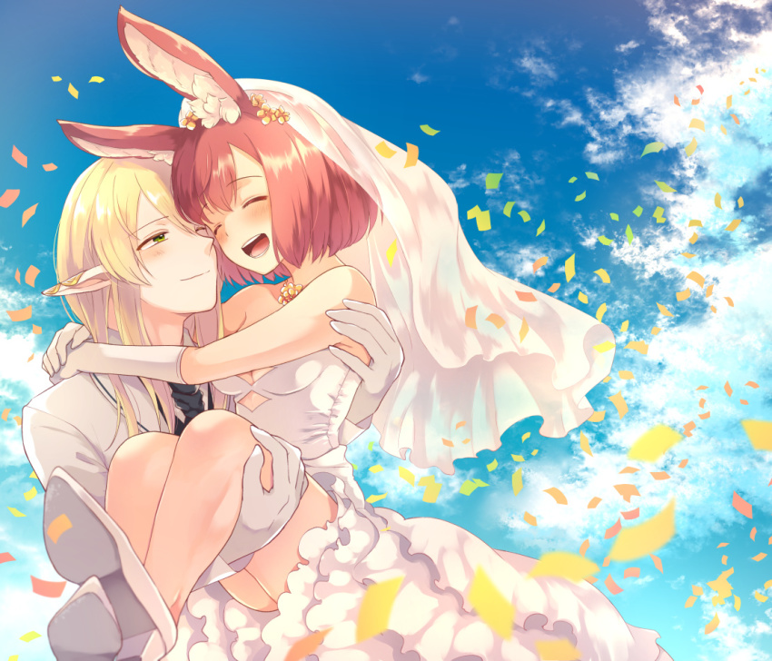 1boy, 1girl, animal_ear_fluff, animal_ears, arms_around_neck, bare_shoulders, blonde_hair, blush