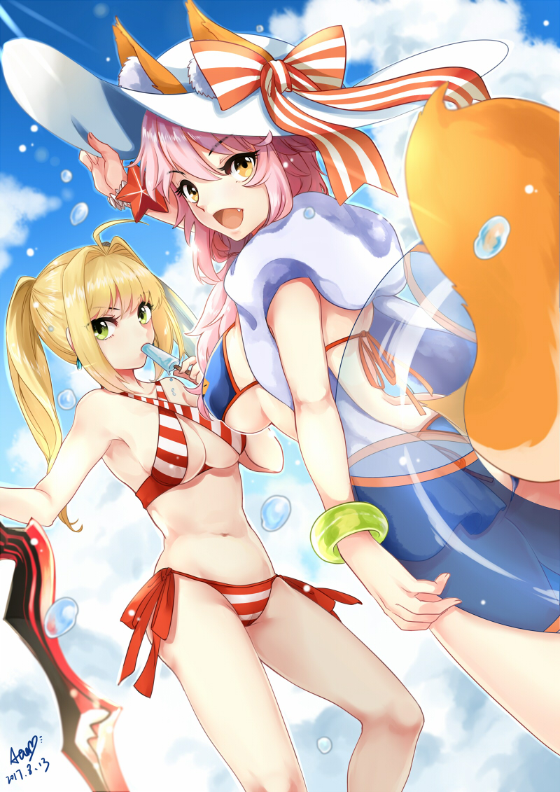 2girls, ahoge, animal_ears, bikini, blue_bikini, dated, day, ears_through_headwear