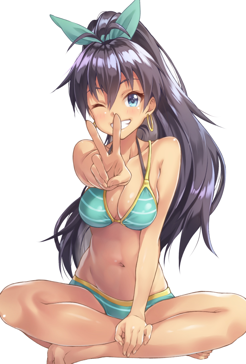 1girl, ;), antenna_hair, bare_legs, barefoot, bikini, black_hair, blue_eyes, breasts, cleavage, earrings, female_focus, ganaha_hibiki, green_bikini, grin, hair_between_eyes, hair_ribbon, hand_on_own_leg, highres, hoop_earrings, idolmaster, idolmaster_(classic), indian_style, jewelry, layered_bikini, long_hair, looking_at_viewer, medium_breasts, navel, one_eye_closed, ponytail, ribbon, satoutakahumi, simple_background, sitting, smile, solo, swimsuit, v, white_background