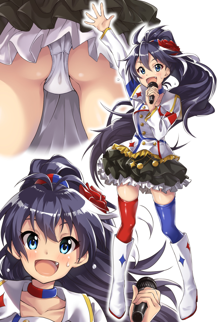 1girl, antenna_hair, ass, bad_id, bad_pixiv_id, black_hair, earrings, fang