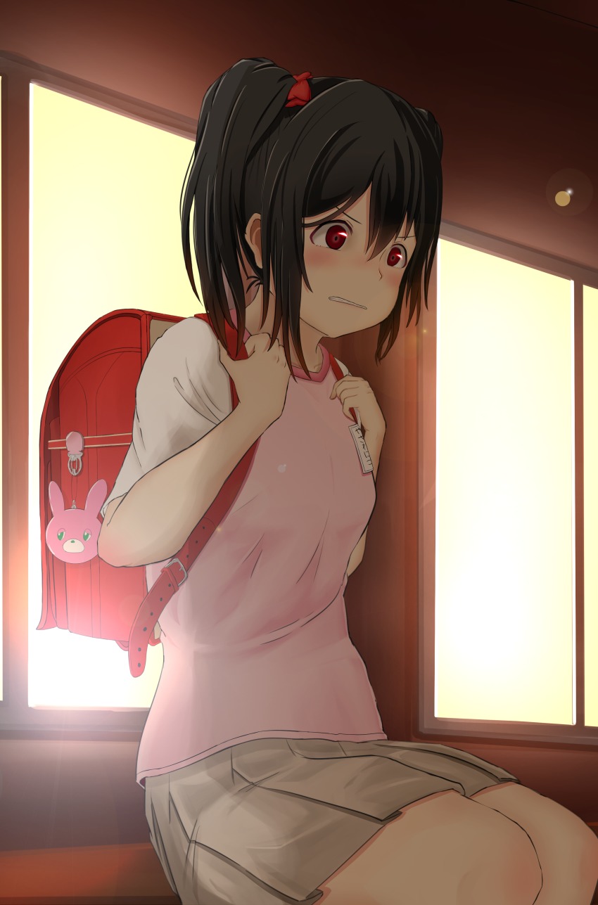 1girl, absurdres, backpack, bag, bag_charm, black_hair, blush, charm_(object)