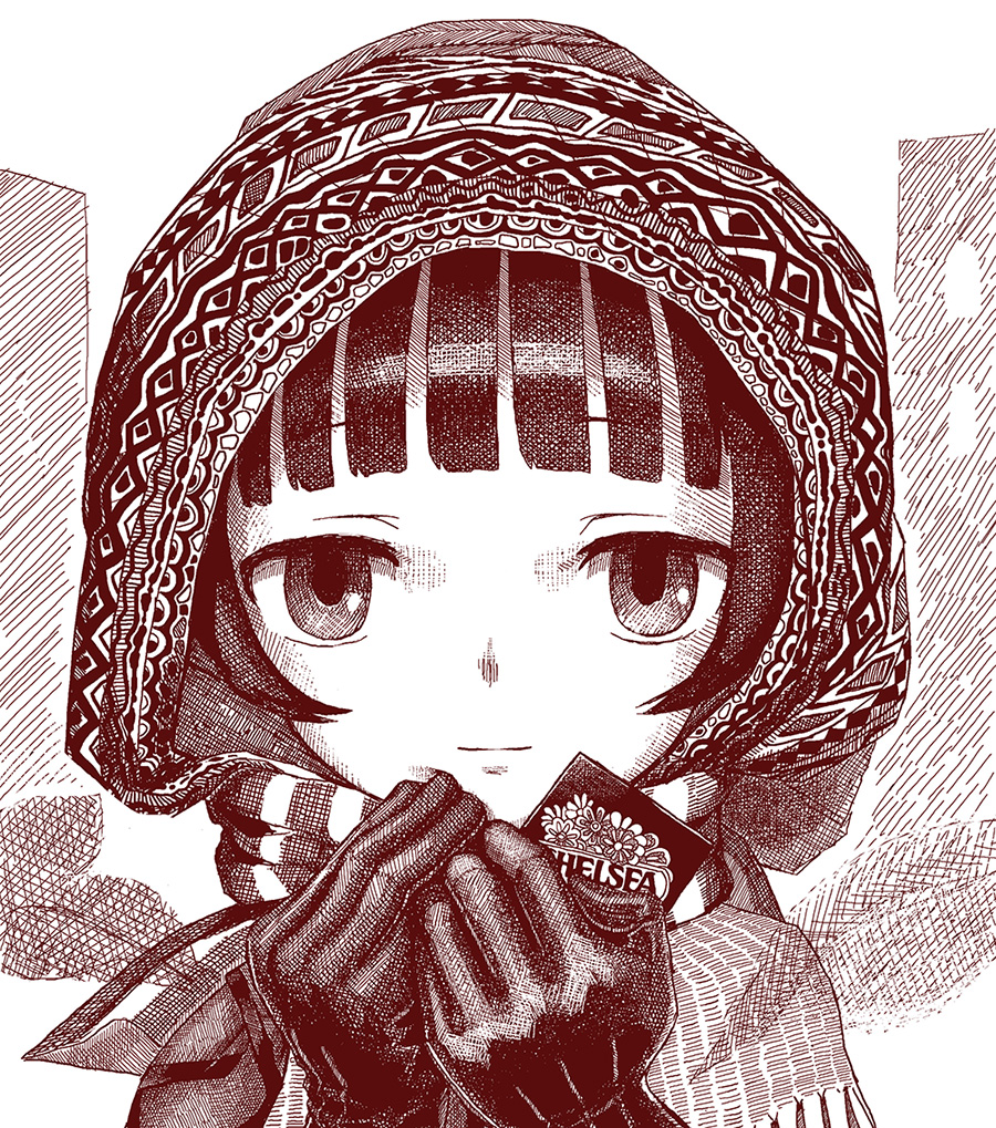1girl, blunt_bangs, closed_mouth, english_text, female_focus, gloves, hatoda_ako, hayanye