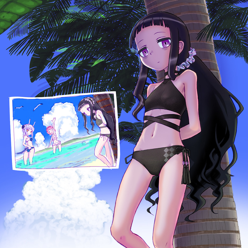 3girls, :d, alternate_hairstyle, arm_up, arms_behind_back, ass, bags_under_eyes, beach, bikini, bird, black_bikini, black_hair, blue_bikini, breasts, brown_eyes, brown_hair, choker, closed_eyes, closed_mouth, cloud, commentary_request, day, dragon_horns, dragon_tail, expressionless, frilled_swimsuit, frills, from_below, gluteal_fold, groin, hairband, halterneck, hardgore_alice, hayanye, horns, la_pucelle_(mahoiku), lolita_hairband, long_hair, looking_back, low_ponytail, magical_girl, mahou_shoujo_ikusei_keikaku, mahou_shoujo_ikusei_keikaku_unmarked, medium_breasts, multiple_girls, navel, open_mouth, outdoors, palm_tree, partially_submerged, photo_(object), pink_hair, ponytail, purple_eyes, seagull, short_hair, sky, slit_pupils, small_breasts, smile, snow_white_(mahoiku), standing, swimsuit, tail, tree, very_long_hair