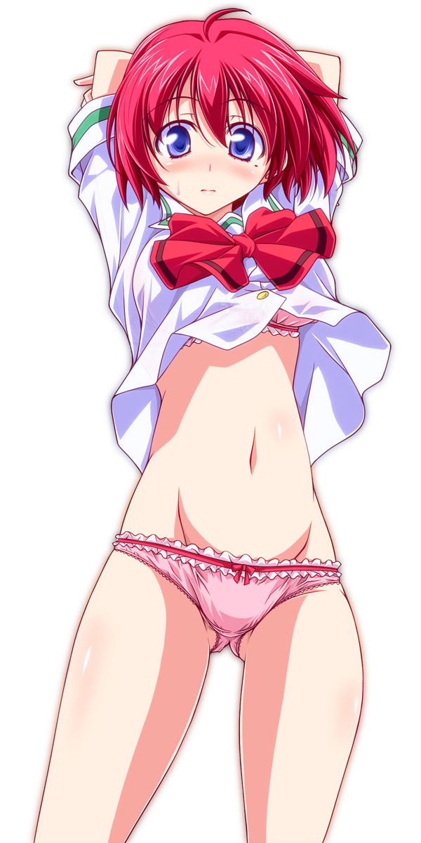 1girl, arms_behind_back, blouse, blue_eyes, blush, bow, bow_panties, bra