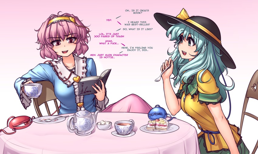 2girls, aqua_hair, blouse, blue_shirt, book, cake, chair, commentary